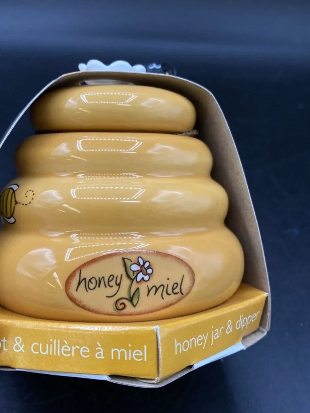 Mini Honey Pot Ceramic Jar & Wood Dipper Joie MSC Beehive with Bee 2002 BPA free